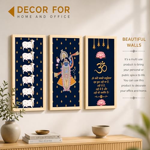 Image of Pichwai Wall Art Painting With Mantra Set of 3 Framed Posters For Living Room, Vastu Wall Art Home Decor for Livingroom, Bedroom, Hallways, Office, Hotel (Size-24x48 cm)