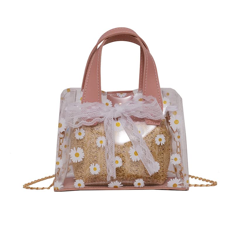 Sac de plage en paille imperméable et résistant au sable pour femme - Sac fourre-tout tissé en rotin transparent - Sac à main bohème, rose