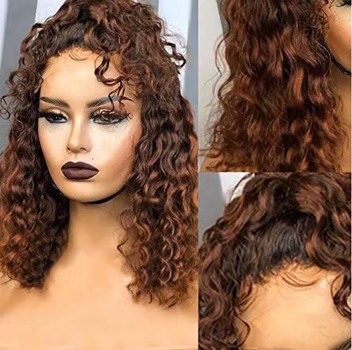 Ombre Color Short Water Wave Bob Wig13x6 Curly HD Lace Front Human Hair Wigs With Baby Hair Plucked Remy Brazilian Lace Bob Wigs 150% Density 1B/30 Color (12 Inch)
