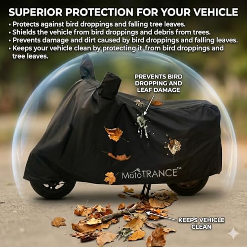Image of Mototrance All Weather Protection Two Wheeler Cover for All Activa, Scooter, Scooty & Bikes Upto 150CC | Anti Dust, Water Resistant, Heat Resistant, Mirror Pocket Bike Body Cover | Solid Black