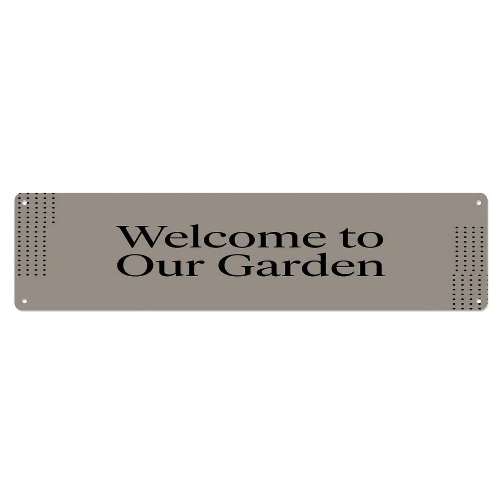 Vintage Welcome to Our Garden Taupe Gray Metal Tin Sign