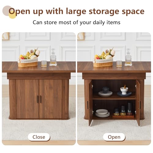 Image of weselon 55 inch-71 inch Extendable Dining Table with Storage, Expandable Kitchen Table for 4-6, Space Saving Dining Room Table with Hidden Storage Cabinet, Adjustable Shelves & Fluted Base (Walnut)