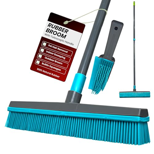 Rubber Broom with Telescopic Handle, Pet Hair Remover Broom for Carpets, Rugs & Hard Floors, Rubber Bristle Sweeping Brush for Laminate, Tile & Patio, Wet & Dry Indoor Outdoor Floor Cleaning Tool