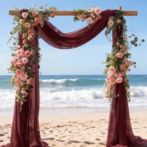Image of Wedding Glitter Arch Draping Fabric Burgundy Red 29 inch x 6.5 Yards 2 Panels Sheer Backdrop Curtains Drapery for Wedding Ceremony Birthday Party Indoor Ceiling Decor