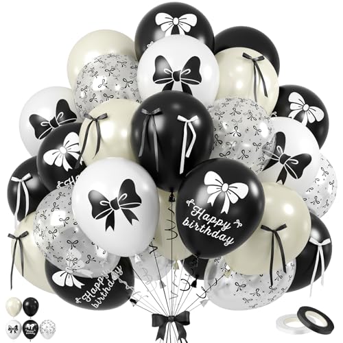 Image of Black Bow Balloons, 60PCS Double Stuffed Pearl White Balloons, 12 Inch Black White Bow Printed Balloon with Ribbon for Girls Women Birthday Bridal Baby Shower Wedding Bachelorette Party Decorations