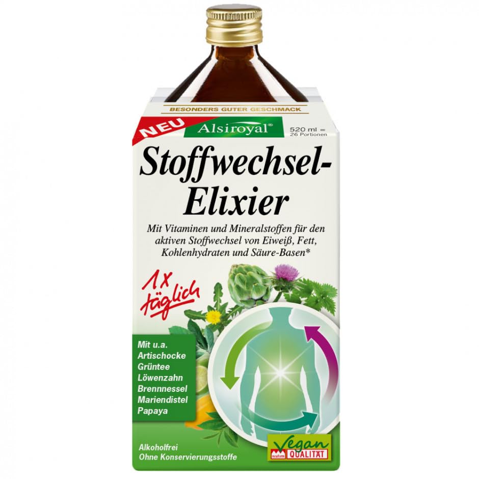 Alsiroyal Elixir metabolismo 520 ml – para el metabolismo activo de proteínas, grasas y carbohidratos, con alcachofa, ortiga, colina, vitaminas y minerales – sabor afrutado