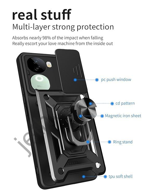 Image of Heavy Duty Phone Case with Camera Slider Cover, Magnetic Ring Holder, Military Grade Protection, Black Compatible with vivo V40E 5G