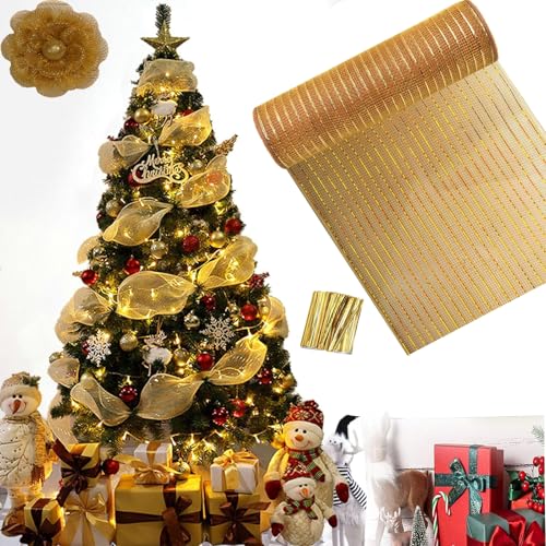 Guirnalda Decorativa Navideña, Guirnalda para Árbol De Navidad, Cinta De Malla De Lámina Dorada,...