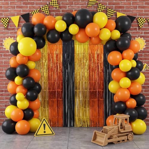 Image of TONIFUL 2Pcs Gold Orange Black Metallic Tinsel Foil Fringe Curtain Streamer | 3.3ftx6.6ft Photo Booth Backdrop Door Streamer for Birthday Halloween New Year Thanksgiving Basketball Sport Party Decoration