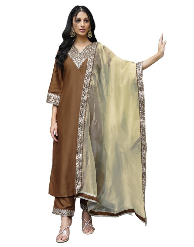 Image of SKYLEE Women's Embroidery Silk Blend Straight Kurta Set with Dupatta