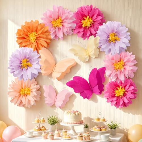 Image of SUNBEAUTY 12 PCS Giant Paper Flowers Large Butterfly Party Decorations Pink Orange Large Tissue Paper Flower for Wall Hanging Butterflies for Birthday Spring Garden Wedding Backdrop Bridal Shower