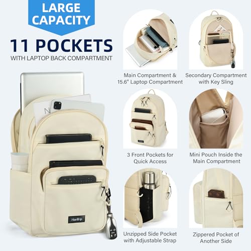 Carry On Travel Backpack For Women, 18 Inch Water Resistant Large Backpack Lightweight Bookbag For Men, 8x14x18 Personal Item Bag Casual Daypack Backpacks For Work Office Commuter (Offwhite)3