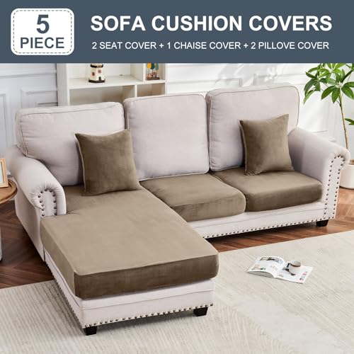 Image of Stretch Silver Fox Velvet Sectional Couch Covers - 3-Piece Sofa Cushion Covers for Left /Right L-Shaped Chaise, Soft and Comfortable Slipcovers for Sectional Sofa(2Seater+1Chaise,Leather Brown)