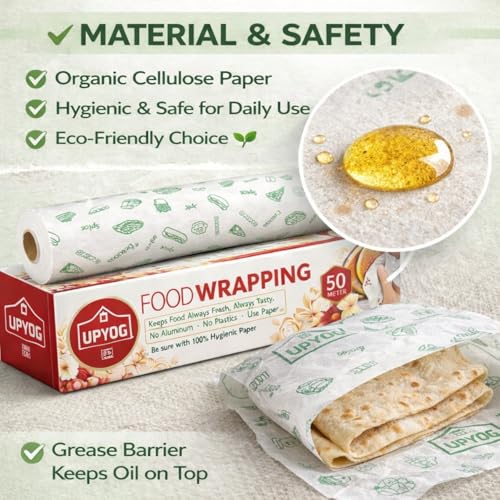 Image of UPYOG Food Wrapping Paper Roll 50 Meters | Butter Paper for Roti, Sandwich & Burger | Greaseproof, Microwave Safe | No Plastic, No Aluminium | Food Grade Paper (Pack of 2)