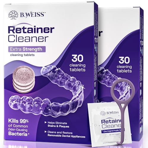 Retainer Cleaner Tablets Invisalign cleaner FSA HSA Approved Remove Odors Discoloration Stains & Plaque, 2 Months Supply, Night Guard Cleaner, denture cleaning tablets, 60 tablets Grape Scented