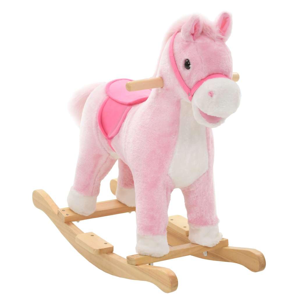 Schaukeltier Pferd für Kinder Plüsch Schaukelpferd mit Holzsockel und Sicherheitsrahmen Rosa 65x32x58 cm