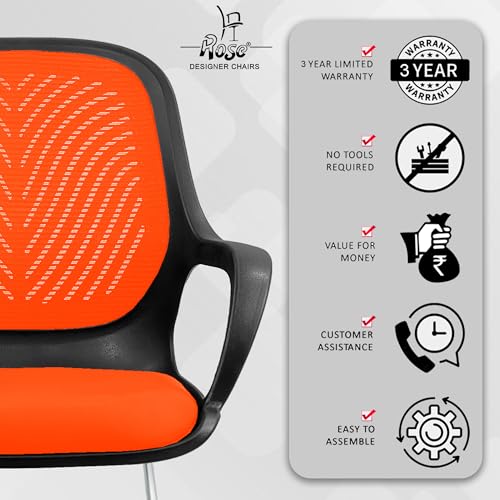 Image of ROSE Zaria | 3 Years Brand Warranty | Ergonomic mesh mid-Back Office Chair, Perfect for Study, Work from Home, revolving, Rolling Computer Desk Chair (Black & Orange, Visitor)