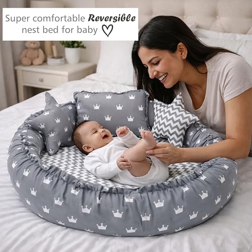 Image of Fareto Combo of Baby Bed with Net | Carry Bag | 4 Pcs Bedding Set (0-6 Months, Baby Size, Cotton) (Crown Grey)