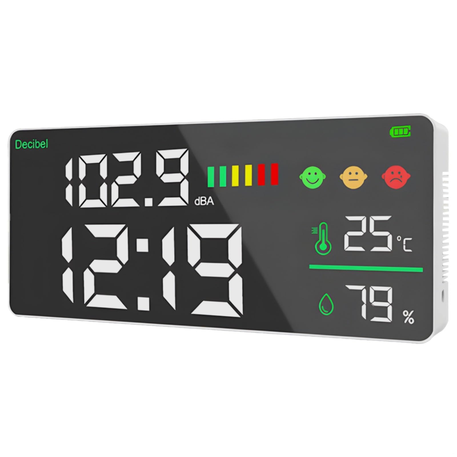 Geräuschmesser für Klassenzimmer, digitaler Schallpegelmesser mit Temperatur und Luftfeuchtigkeit, LED-Display, Echtzeitüberwachung, farbcodierte Indikatoren
