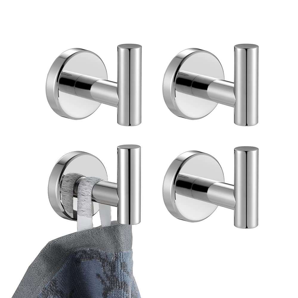 JQK Chrome Bathroom Towel Hook, 304 Stainless Steel Coat Robe Clothes Hook for Bathroom Kitchen Garage Wall Mounted (Pack of 4), TH100-CH-P4