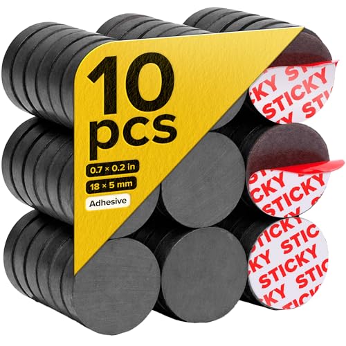 Image of Strong Ceramic Round Small Magnets with Adhesive Backing (0.7x0.2 /18x5mm, 10 pcs) - Heavy Duty Sticky Magnets, Non-Corrosive, Versatile for Home, Office, Workshop, Whiteboard, Fridge and Hobby Use
