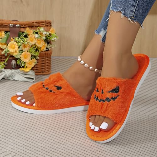 Halloween Slippers for Women,Women's Spooky Slides Halloween Slipper Lantern Pumpkin Soft Plush Cozy Open Toe Indoor Outdoor Fuzzy Slippers4