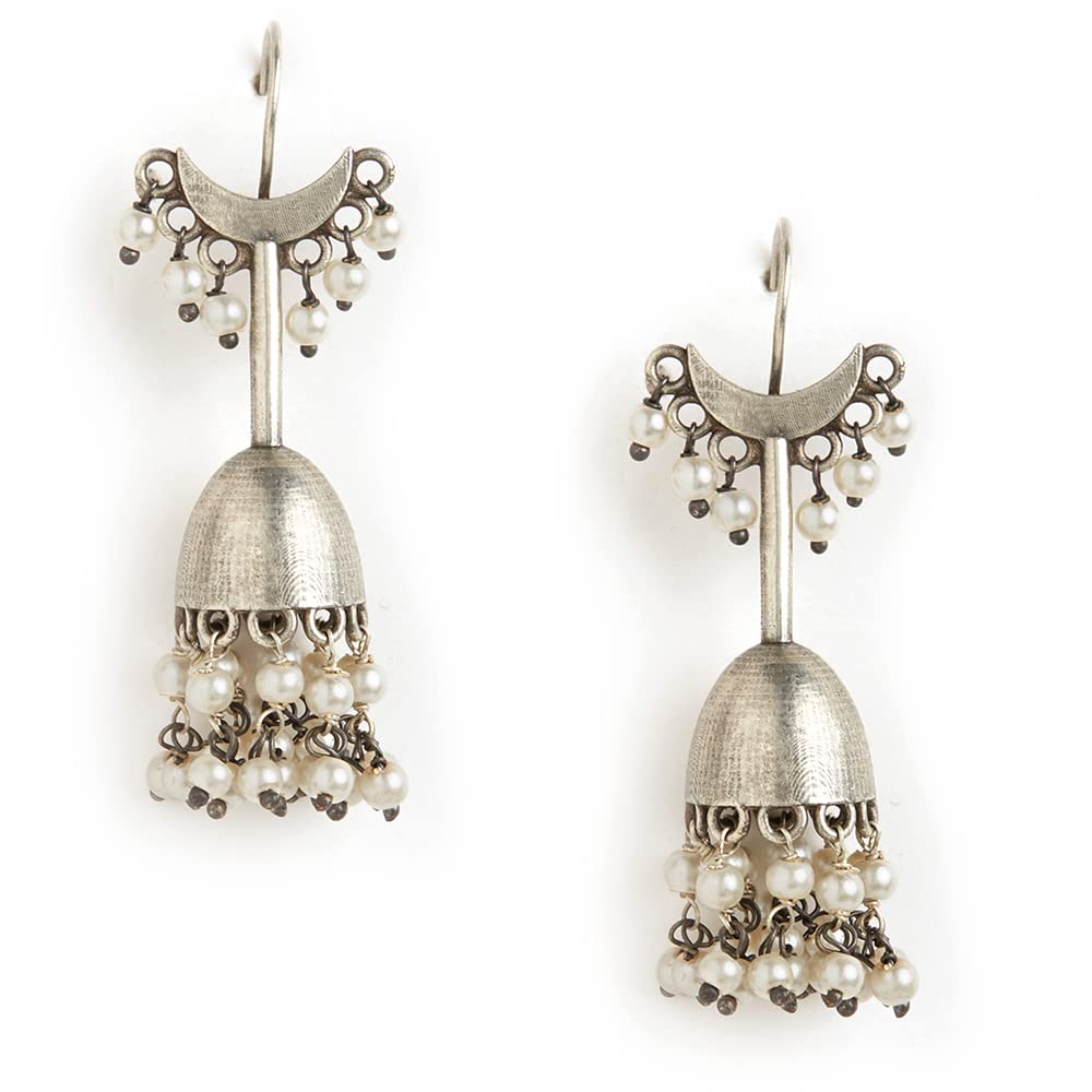 Silver-Toned Contemporary Jhumkas Earrings, Copper Alloy, Artificial Beads - Womens-image-33