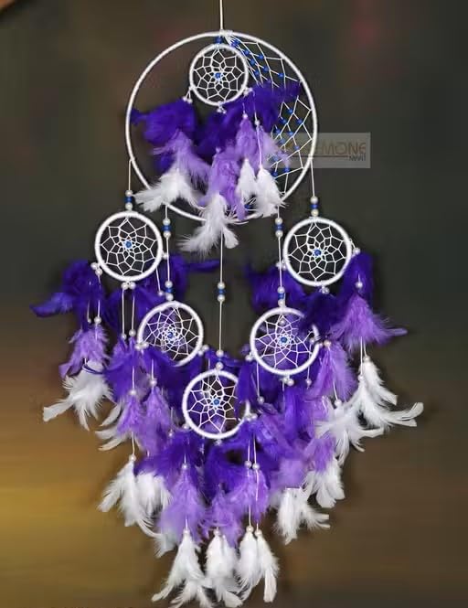 Purple and White Dream Catcher, Handmade Feather Wall Hanging Decoration, Traditional Native American Style, Multiple Ring Design-image-9