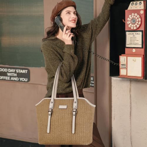 Image of Tote Bag for Women,Large Capacity Straw&Vegan Leather Tote Purses for Women,Shoulder Bags For Daily Travel Work Beach