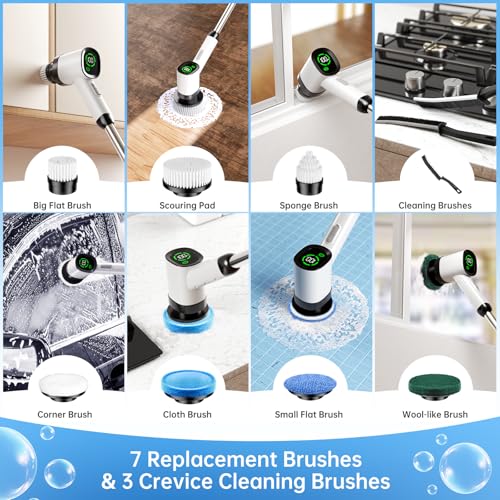 Electric Spin Scrubber, IPX7 Waterproof Cordless Power Shower Scrubber with Extension Handle, 7 Replaceable Brush Head&3 Bristle Crevice Brushes, 2 Speeds Power Scrubber for Bathroom, Kitchen Cleaning