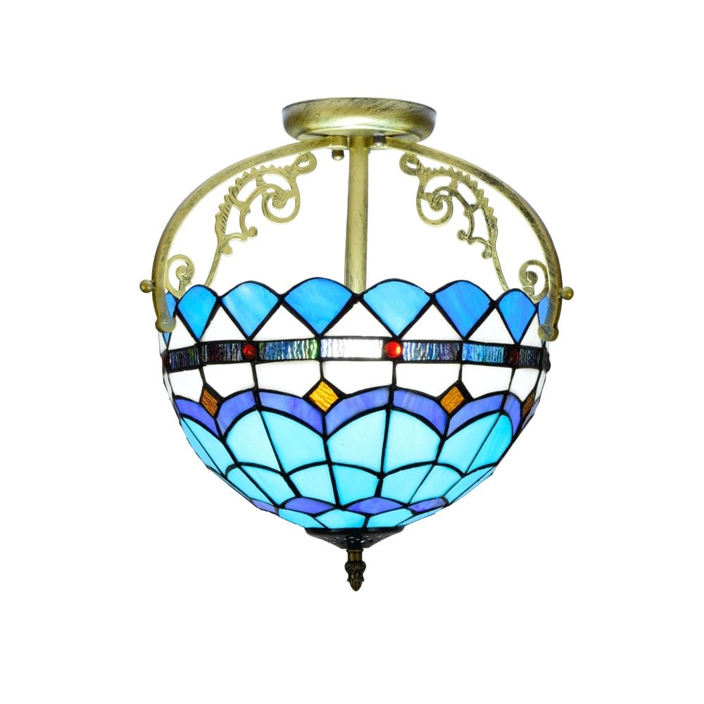 HJRegaFimu 12 Inches Semi Flush Mount Ceiling Light Stained Glass Uplighter Lamp Blue Feather Vintage Style Deco Chandelier For Living Dining Room Bedroom Corridor