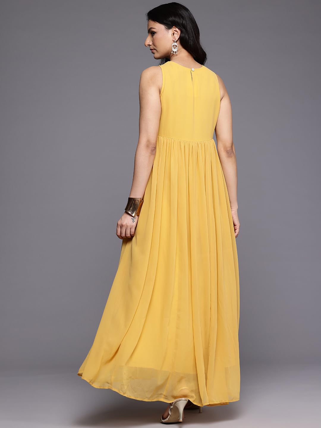 Varanga Women Yellow Thread And Zari Embroidered Yoke, Gathered At Empired Line Long Dress