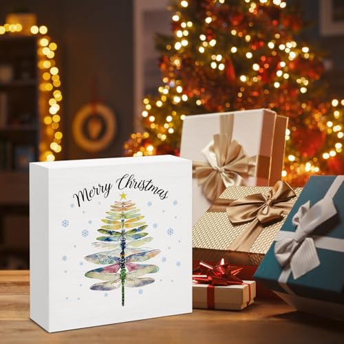 Image of Dragonfly Christmas Decor, Merry Christmas Wood Box Sign, Dragonfly Gifts for Women Men, Farmhouse Xmas Home Office Decorations for Desk Table Shelf 5 X 5 Inches