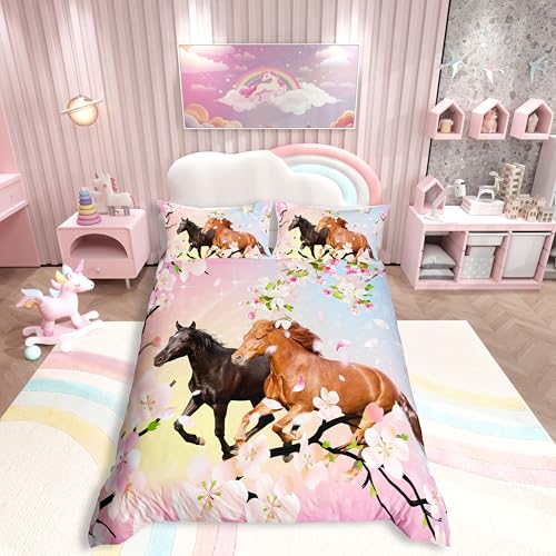 Cheval Housse de Couette Filles Farmhorse Floral Parure de Lit 140x200cm pour Chambre Fleur de Cerisier Chevaux au Galop Décor Ensembles de Housse de Couette...