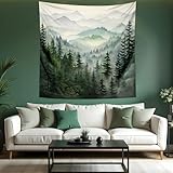 QGHOT Misty Forest Tapestry, Nature Mountain Tapestry Wall Hanging Sage Green Watercolor Landscape Wall Art for Bedroom Living Room Decor 59x59in