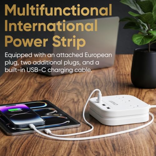 Image of UK European Plug Adapter, Unidapt US to Europe Power Strip for EU /UK /US with Built in USB C Cord and 4 USB Ports, 3 AC Outlets, Wall Mountable, 5ft Extension Cord, for Travel Cruise Ship Home