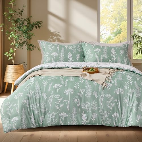 Joiedomi Queen Comforter Set Sage Green, 3 Pieces Floral Queen Bedding Set with 1 Soft Reversible Botanical Comforter and 2 Pillow Shams, Bed in a Bag for All Seasons