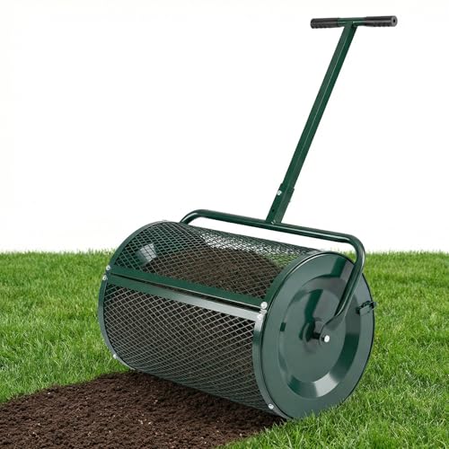 COSTWAY Kompoststreuer 77 L Torfmoosstreuer mit höhenverstellbarem T-Griff & Mesh-Korb Ø40x61cm Düngerstreuer für Garten Rasen Gartenstreuer für Dünger Saat Handstreuer Kompostwalze (Grün)