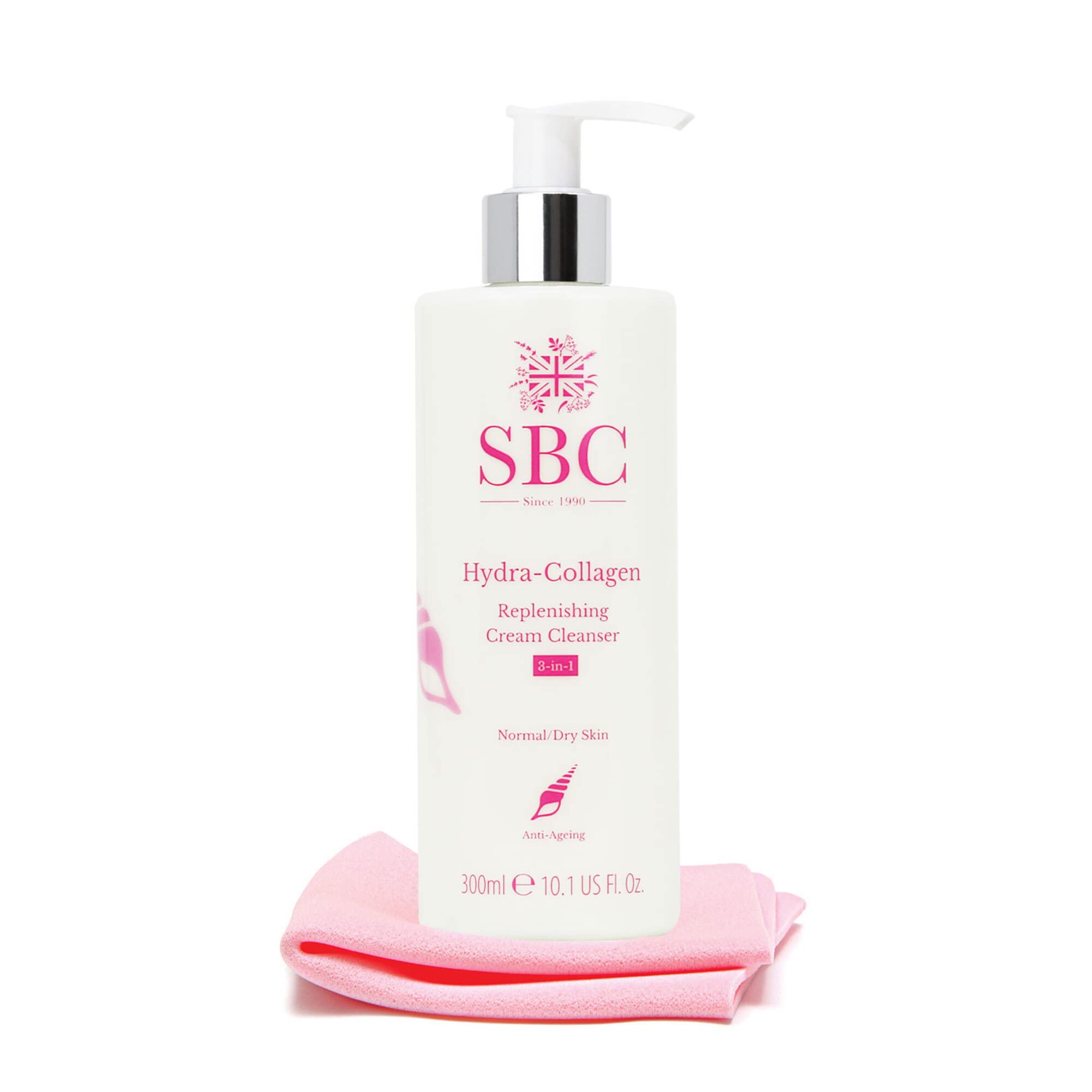 SBC Skincare Hydra-Collagen Replenishing Cream Cleanser with Skin Shammy 300ml, Anti-Ageing Collagen Facial Cleanser, Removes Make-Up, Cleanses, Hydrates