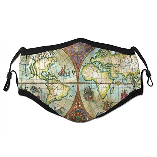 Preisvergleich Produktbild RUBEITA Wiederverwendbares Halbtuch Bandana,Weinleseillustration mit Weltatlas-Karte auf antikem Papier,Einstellbare Sport Outdoor Mundabdeckung