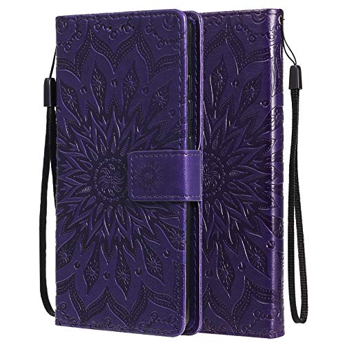 LEMORRY Honor X7, Leather Case for Honor X7, TPU Silicone Cover [Card Holder] Wallet Case for Honor X7, Flower (Purple)
