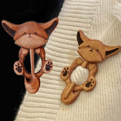 Image of Pokinge 2Pcs Wooden Carving Brooch Pin Cartoon Animal Sweater Brooch Cute Wood Carved Scarf Buckle Women Shawl Pin Creative Craft Gifts For Girls