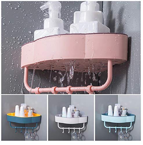 Dinta Mall Plastic Bathroom Corner Wall Shelves Kitchen Self-Adhesive Spice Rack with Hooks Multipurpose Wall Mount Holder Bathroom Storage Rack Strong Shower Rack Shelf Towel Holder