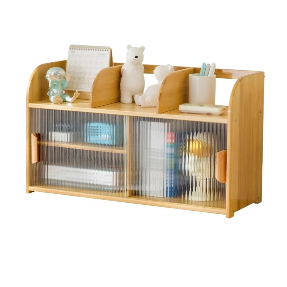 CWCQGH Bookshelf Desktop Bookshelf Bamboo, with Glass Sliding Cabinet Doors Organizer Rack, for Home Office Study Storage Shelf Bookcase