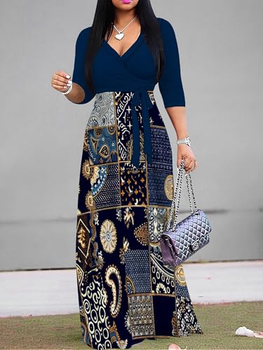 Image of PinkPatty Plus Size Maxi Dress for Women Casual V Neck 3 /4 Sleeve Boho Printed Long Dress with Pockets