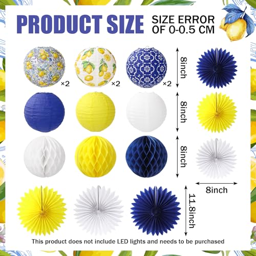 JarThenaAMCS 18 Pcs Capri Lemon Hanging Lantern Kit Paper Lantern with Blue Yellow White Honeycomb Ball Paper Fan Summer Mediterranean Decor for Baby Shower Birthday Wedding