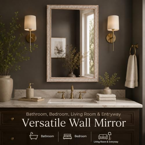 Image of Wooden Bathroom Wall Mirror, 36x24x1.25 inch Solid Wooden frame, White Antique | Rustic Solid Wood Vanity Mirror, Farmhouse Decorative Mirror for Home, Vertical & Horizontal Hanging, Wood Finish