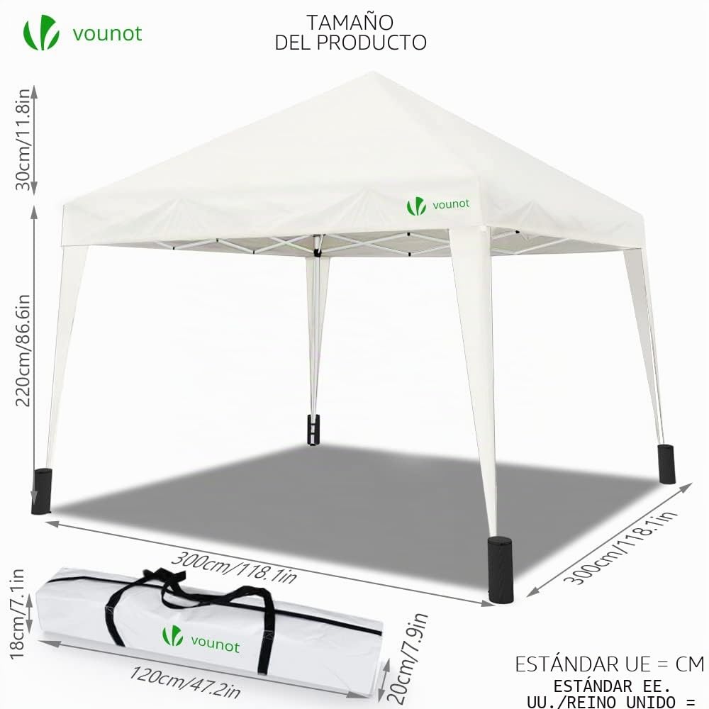 VOUNOT® Gazebo Plegable Cenador 3x3 m con Bolsas de Arena, Pabellon de Jardin Pop Up, Blanco