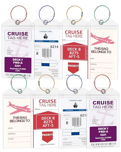 Embalagem de 8 etiquetas para bagagem de cruzeiro e mala de viagem, etiquetas transparentes impermeáveis com banda de metal, resistentes à água, pendentes de PVC, 19 × 11 cm, para bagagem de viagem
