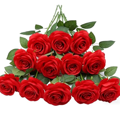 HNVNER 12 Pcs Rosas Artificiales de Seda de Tallo único, Flores Artificiales Realistas para Decoración de Bodas, Aniversario, Decoración del Hogar, Rojo